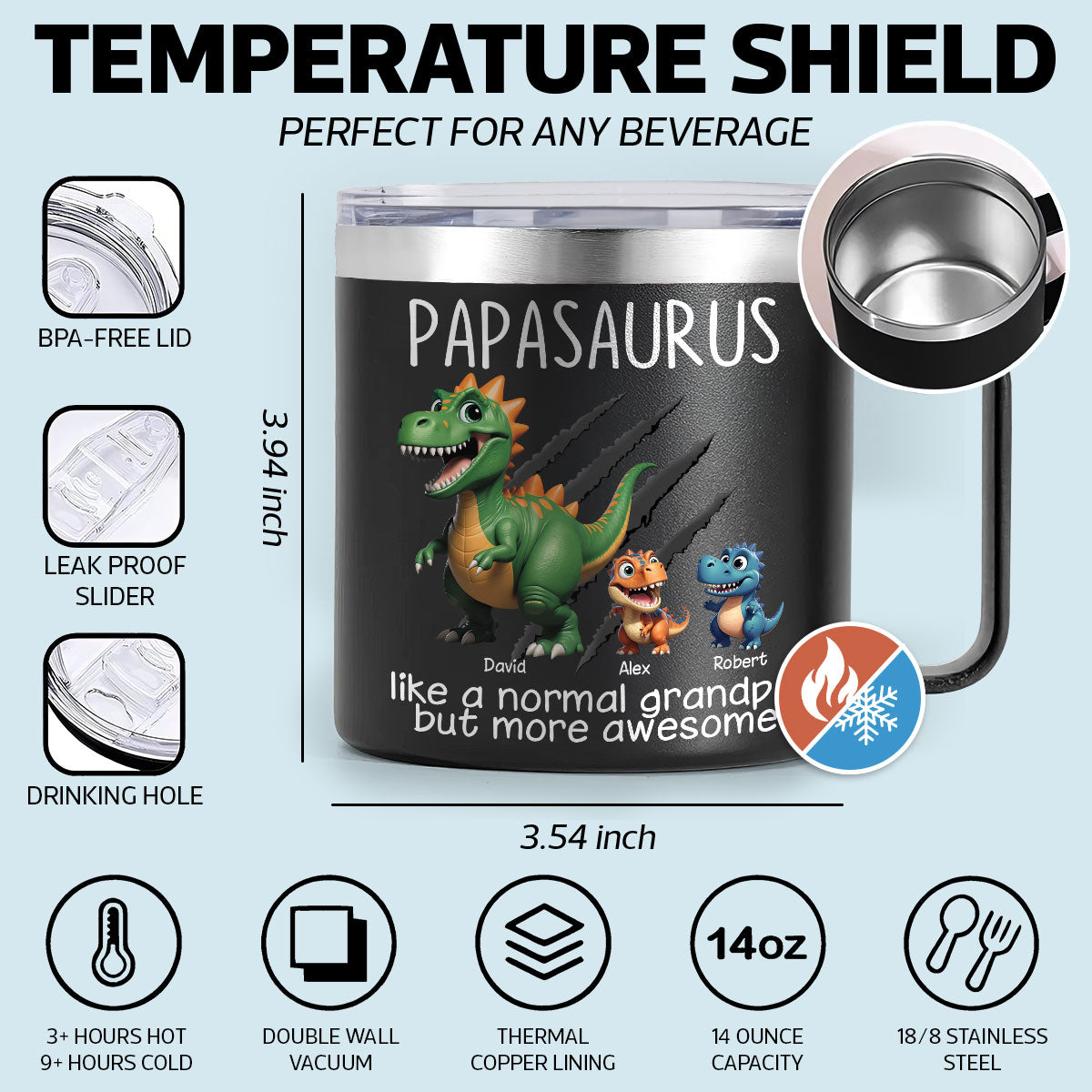 Grandpasaurus And Kids 3D Effect Dinosaurs Personalized Stainless Steel Tumbler With Handle, Father's Day Gift For Grandpa