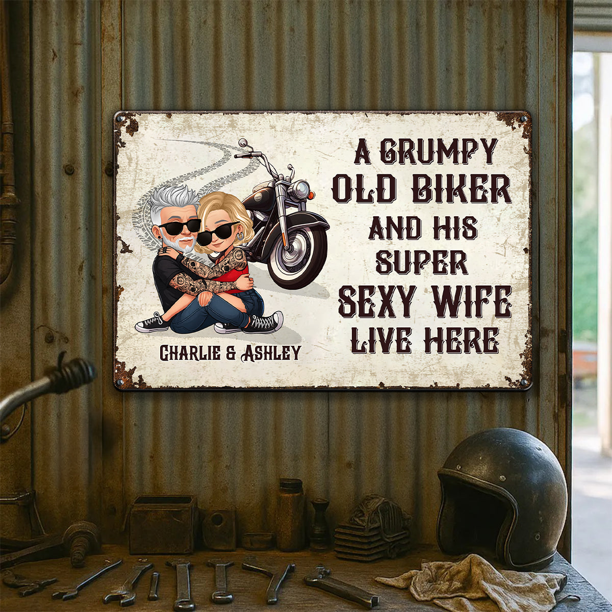 An Old Grumpy Biker and His Sexy Wife Live Here Personalized Metal Sign, Gift for Biker Couple