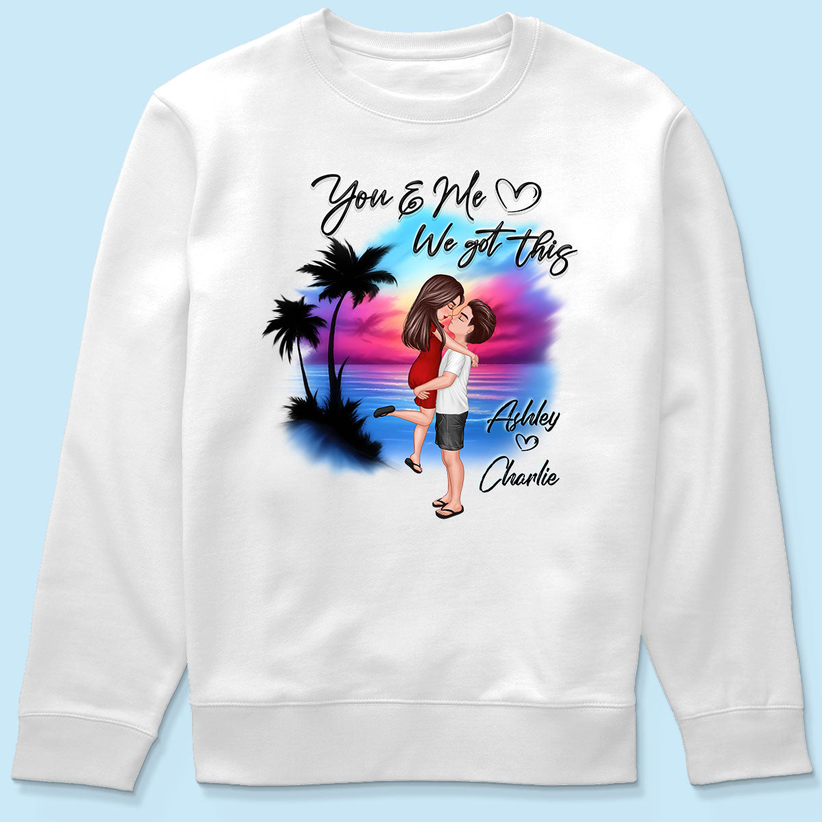 Couple Hugging Kissing Airbrushed Beach Scene Personalized Shirt