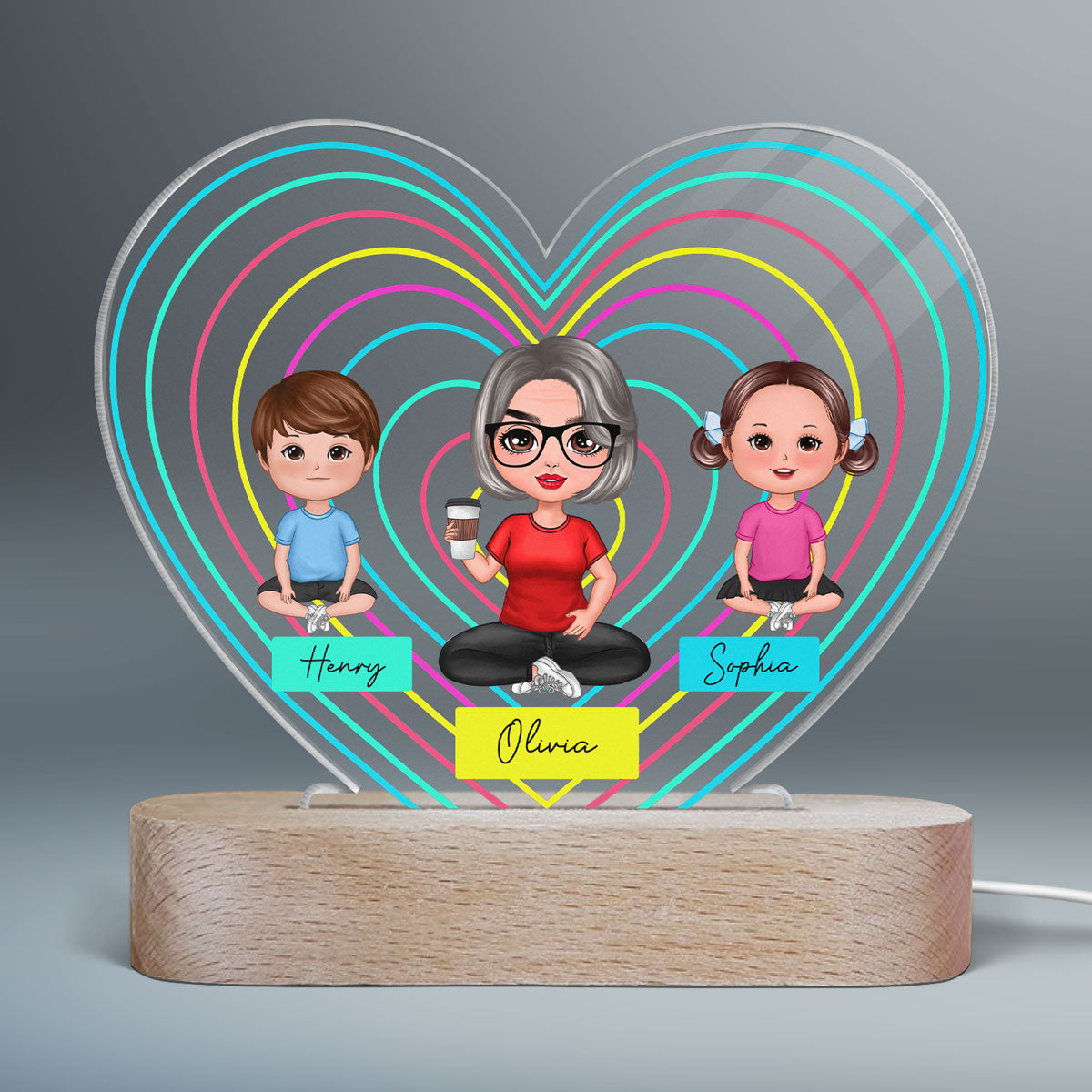 Hearts Outline Doll Grandma Mom And Grandkids Sitting Personalized Heart Acrylic Plaque LED Night Light