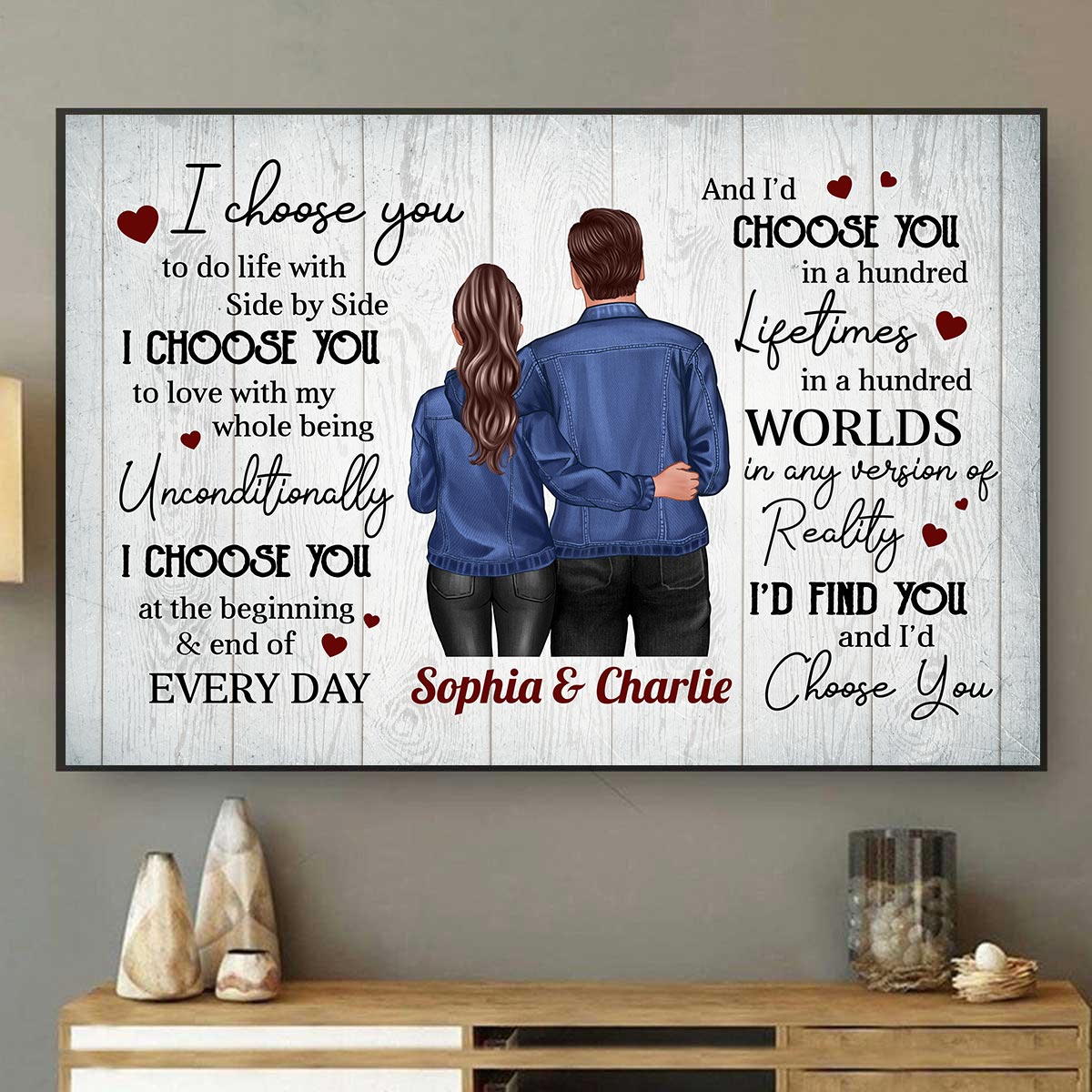 Denim Back View Couple Standing Hugging Personalized Horizontal Poster