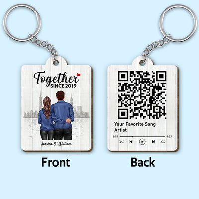 Denim Back View Couple Standing Hugging Favorite Song Scannable QR Code Personalized Wooden Keychain