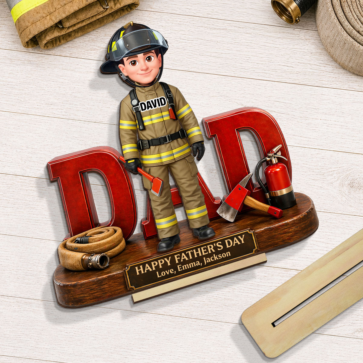 Proud American Firefighter Dad - Personalized 2-Layered Wooden Plaque - Father's Day Gift For Dad