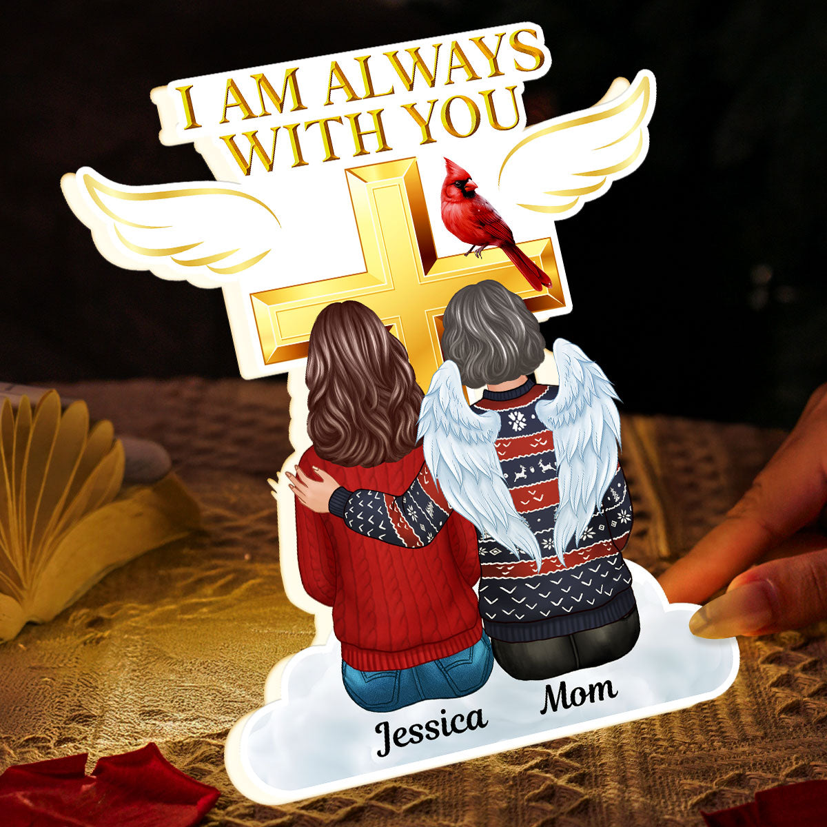Always With You Family Cross Memorial Remembrance Keepsake Personalized Light Box, Christmas Decor Gift
