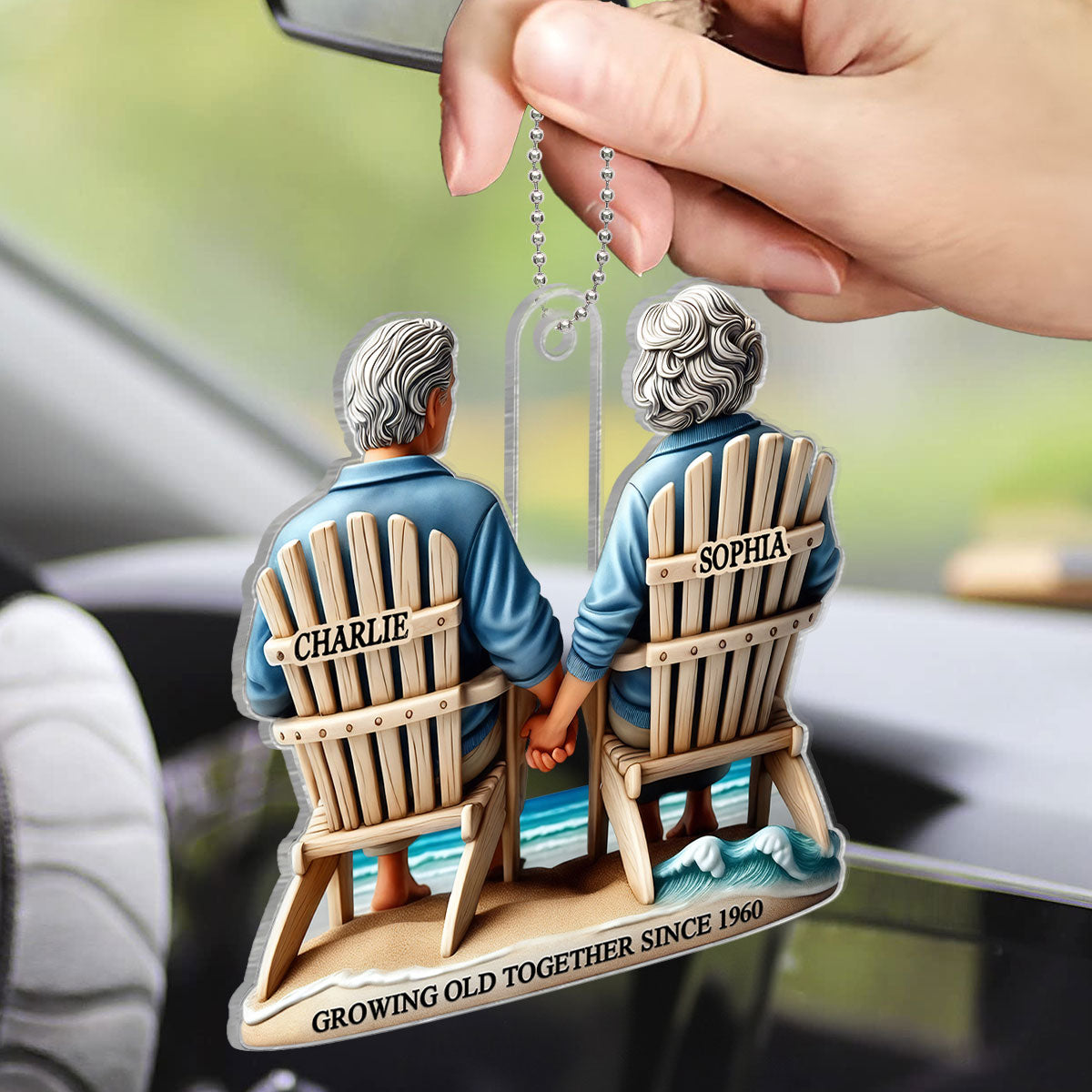 3D Effect Old Couple Sitting On The Beach Growing Old Together Since Personalized Car Hanger Ornament, Heartfelt Gift For Couple, For Him, For Her, Husband, Wife