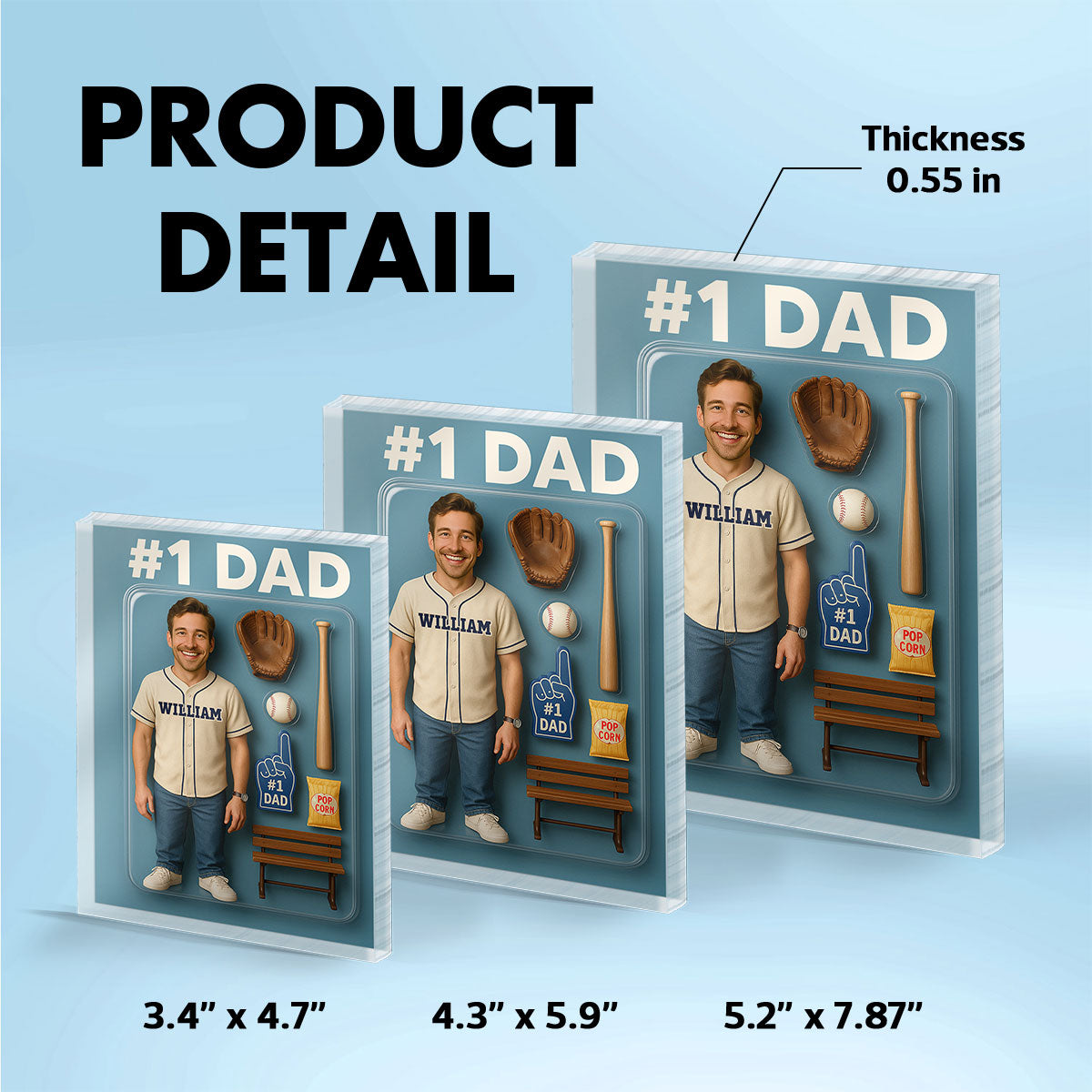 3D Effect Baseball Dad Custom Figure Personalized Rectangle Acrylic Block Plaque