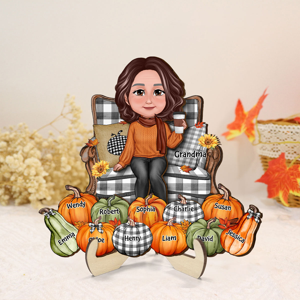 Grandma Sitting On Chair Pumpkins - Personalized 2-Layered Wooden Plaque