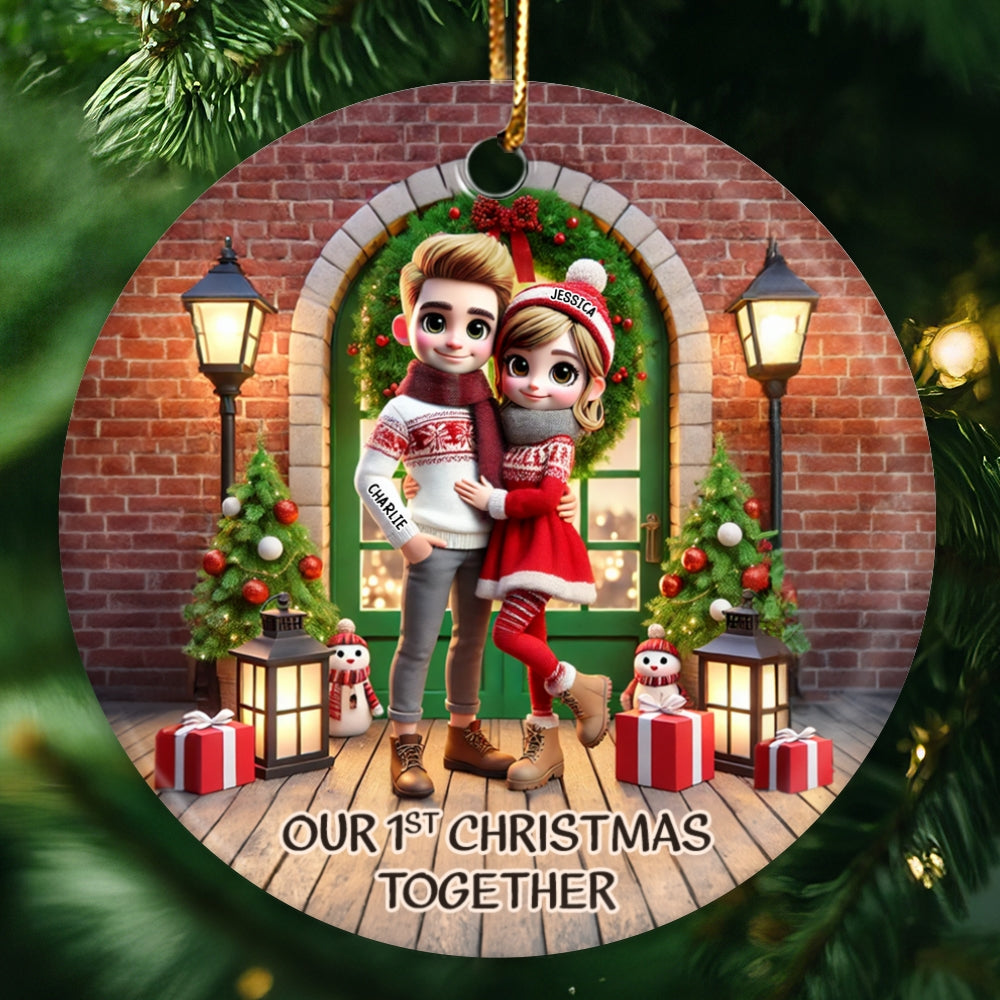 Cute Couple Standing In Front of Door Personalized Ceramic Ornament, Christmas Gift for Him, Gift for Her