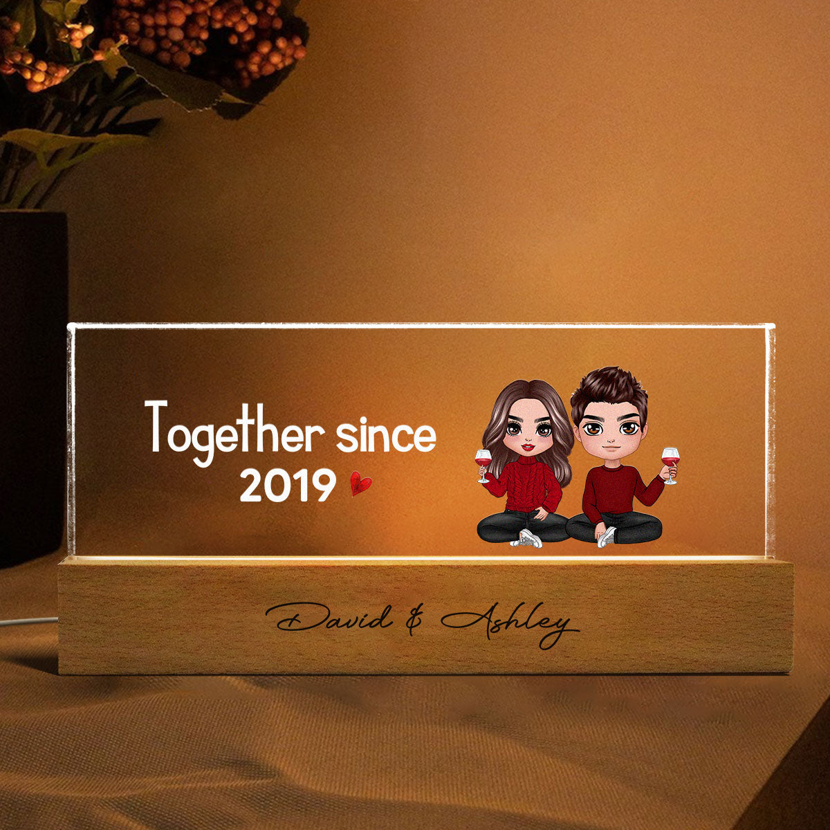 Doll Couple Sitting Together Since Personalized Acrylic LED Night Light, Anniversary Gift For Her, Gift For Him