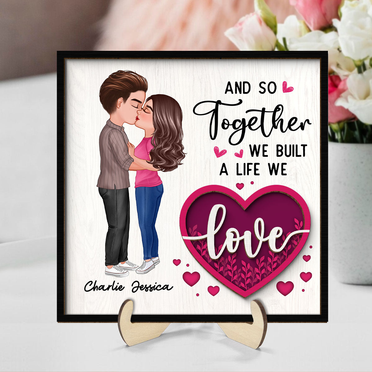 Couple Kissing Pink Heart Valentine‘s Day Gift For Him For Her Personalized 2-Layer Wooden Plaque
