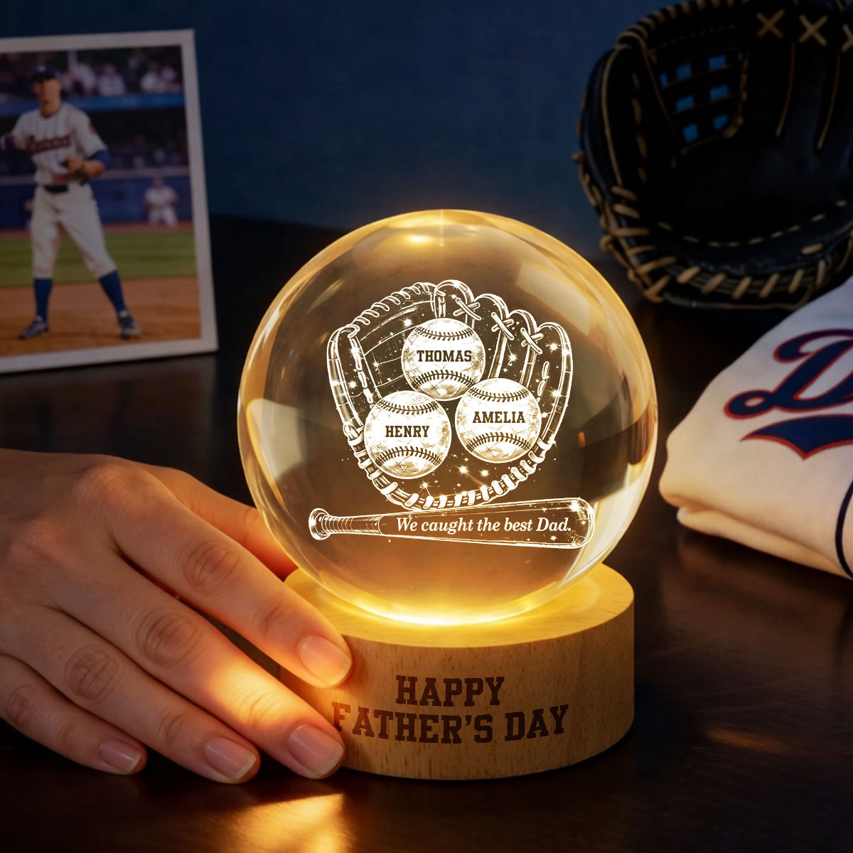 Happy  Baseball Dad - Personalized Crystal Ball LED Night Light -  Gift for Dad, Husband