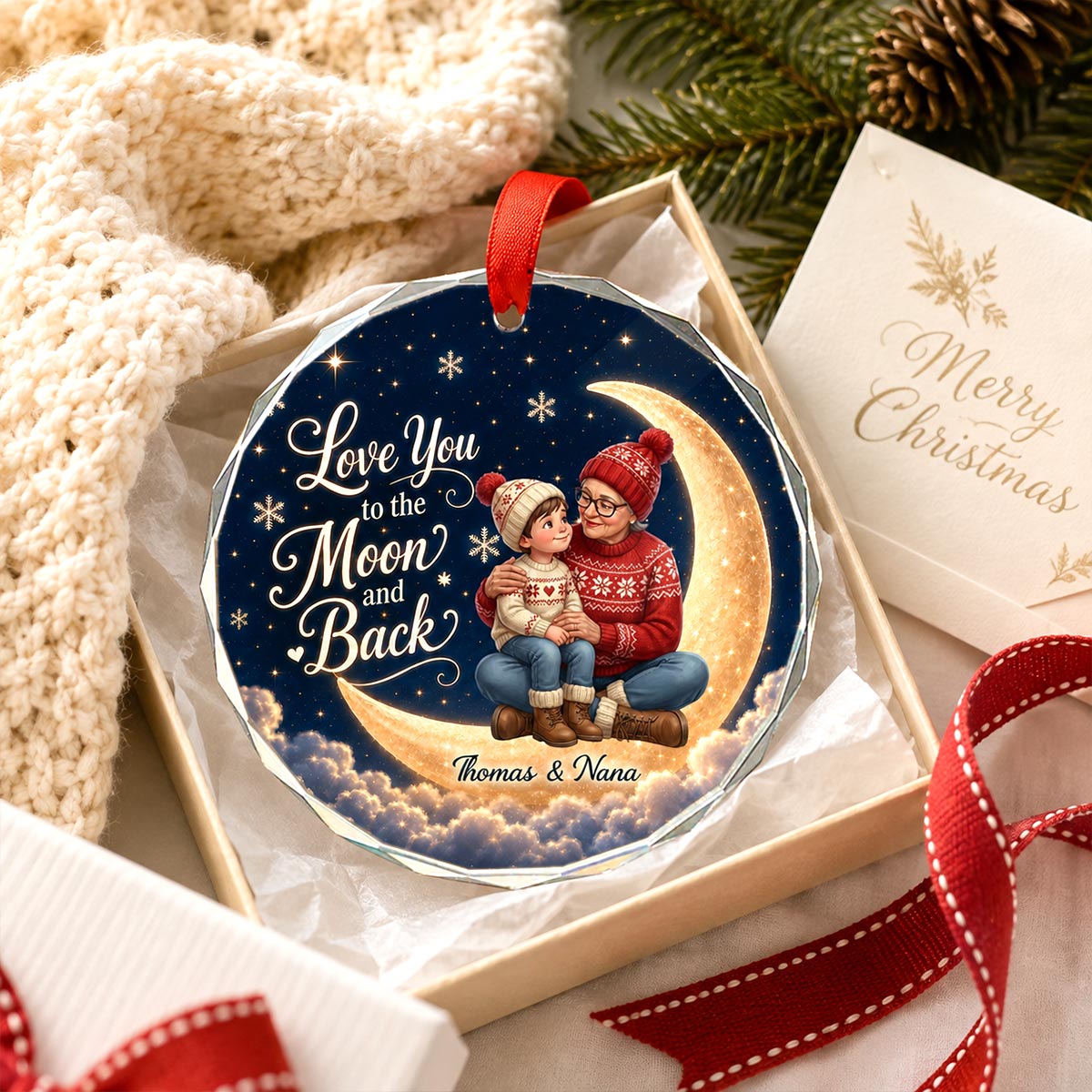 Love You To The Moon And Back Grandma Grandkid Portrait From Your Photo - Personalized Glass Ornament - Christmas Gift For Grandchildren