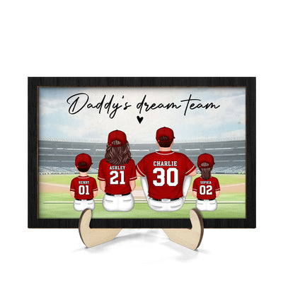 Daddy's Team Baseball Family Sitting Personalized 2-Layer Wooden Plaque, Father's Day Gift For Dad, Grandpa, Husband