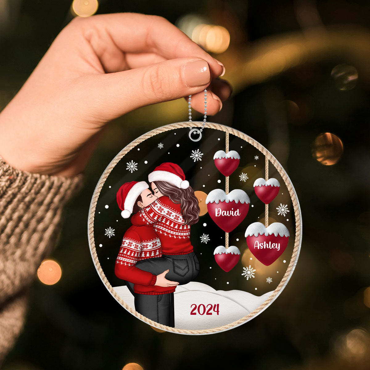 Couple Heartstring Hugging Kissing Personalized Acrylic Ornament, Christmas gift for him, for her