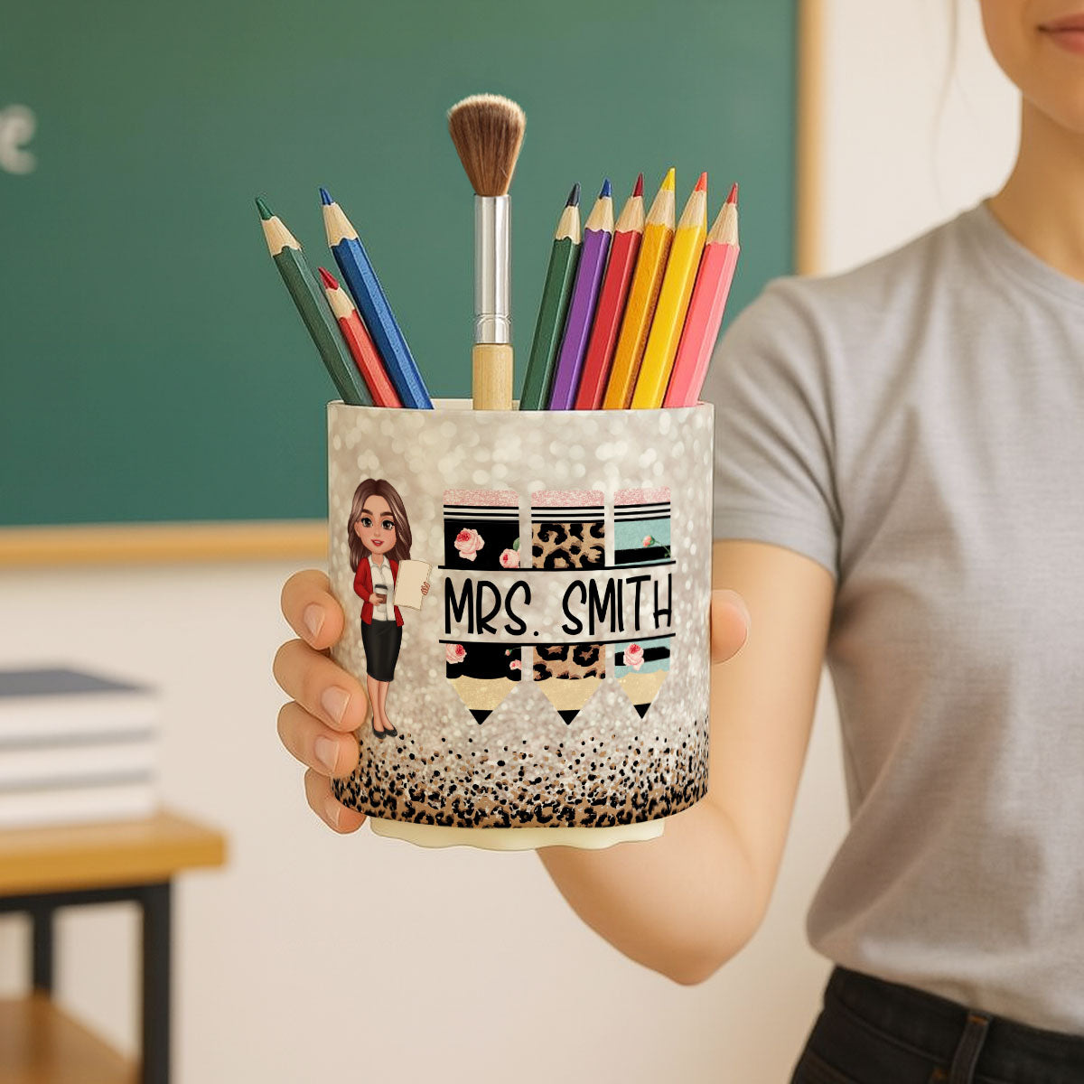 Teacher Leopard Rainbow Personalized Rotating Pen Holder, Teacher Appreciation Gift, Back To School Gift