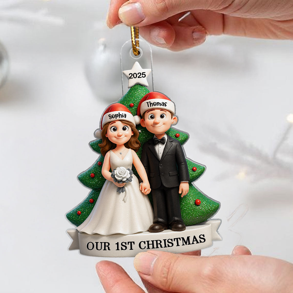Groom & Bride Under Tree First Christmas Personalized Acrylic Ornament | Just Married Newlyweds Marriage Keepsake