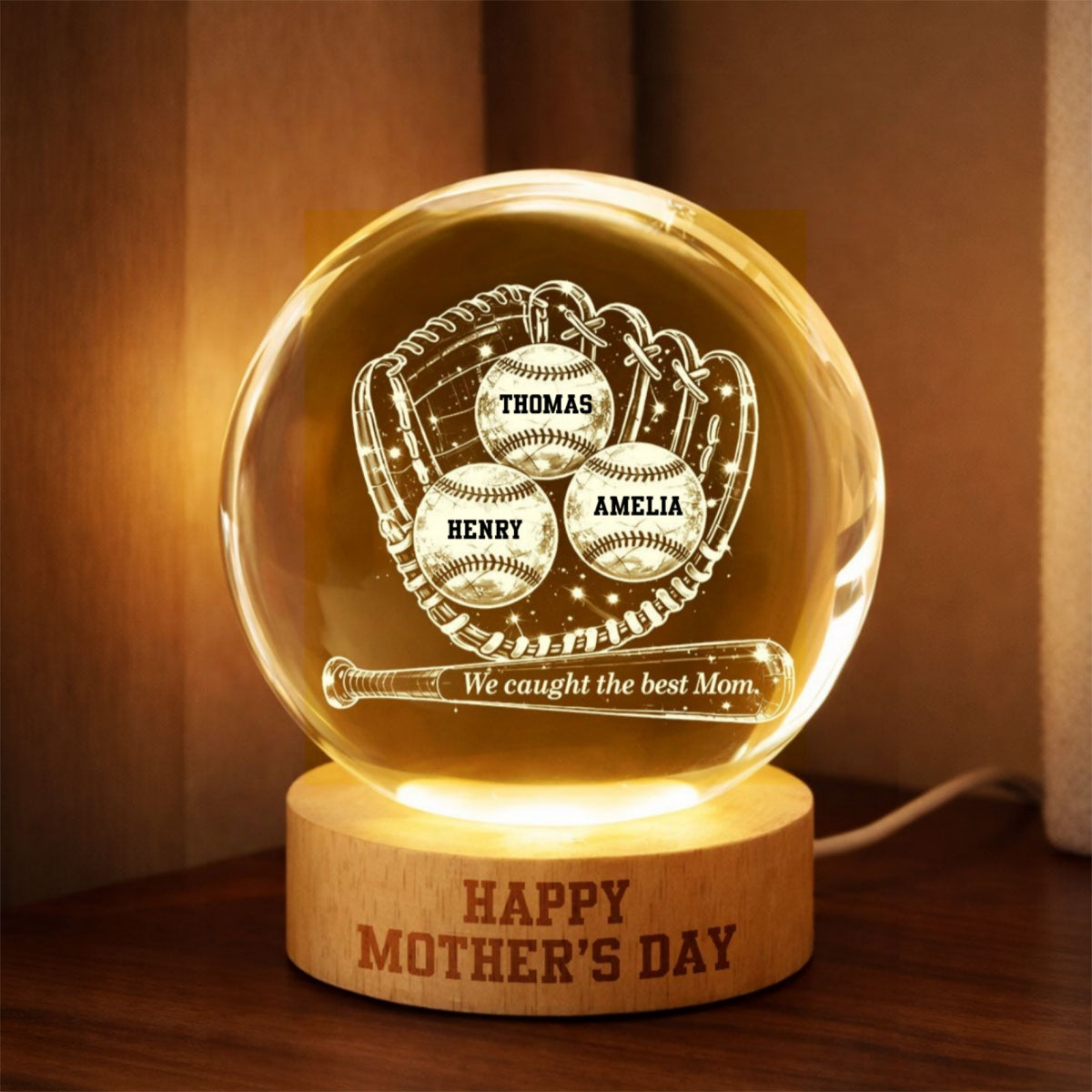 Happy Mother's Day Baseball Mom - Personalized Crystal Ball LED Night Light - Mother's Day Gift for Mom, Wife