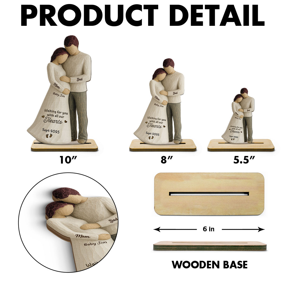 Waiting For You With All Our Hearts Couple Expecting Baby 3D Effect Personalized Standing Wooden Plaque, Baby Shower Gift For Parents-to-be