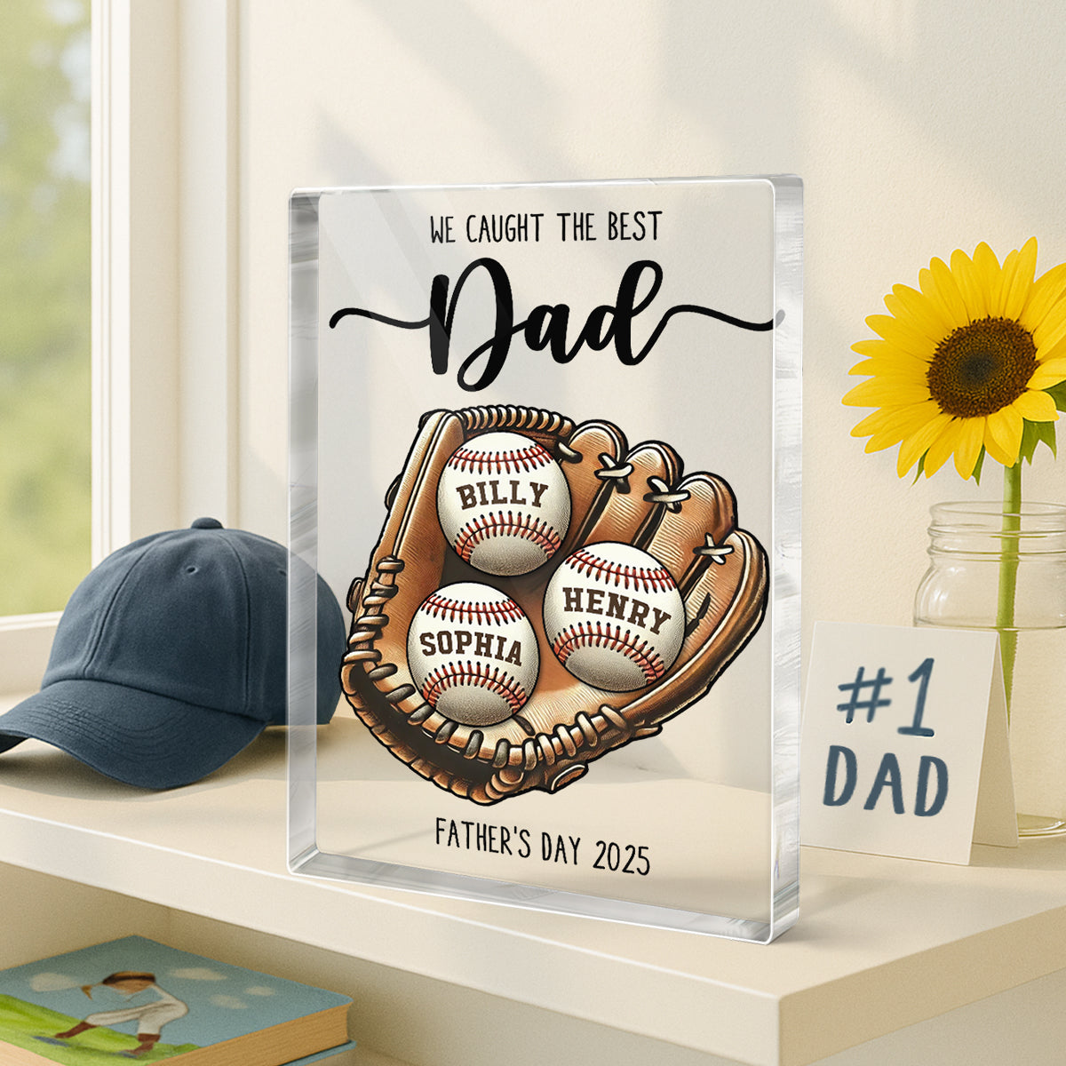 We Caught The Best Dad Baseball, Softball Personalized Acrylic Block Plaque, Custom Kid's Name, Father’s Day Gift For Husband, Gift For Dad
