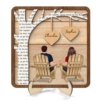 Couple Sitting Back View Under Text Tree Personalized 2-layer Wooden Plaque,  Gift For Him, For Her