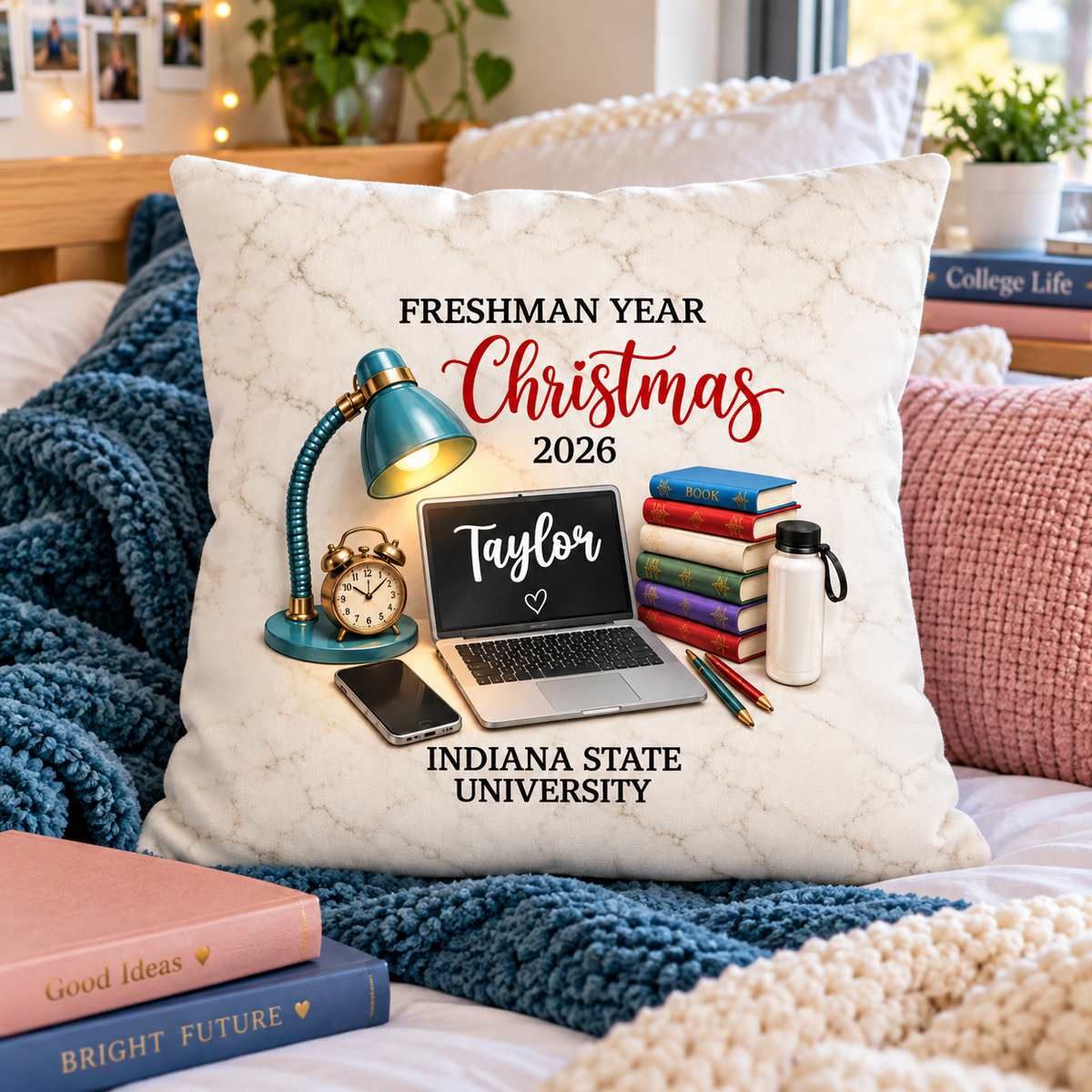 Freshman Year Christmas Study Desk – Personalized Pillow – College Student Christmas Gift, First Year Keepsake