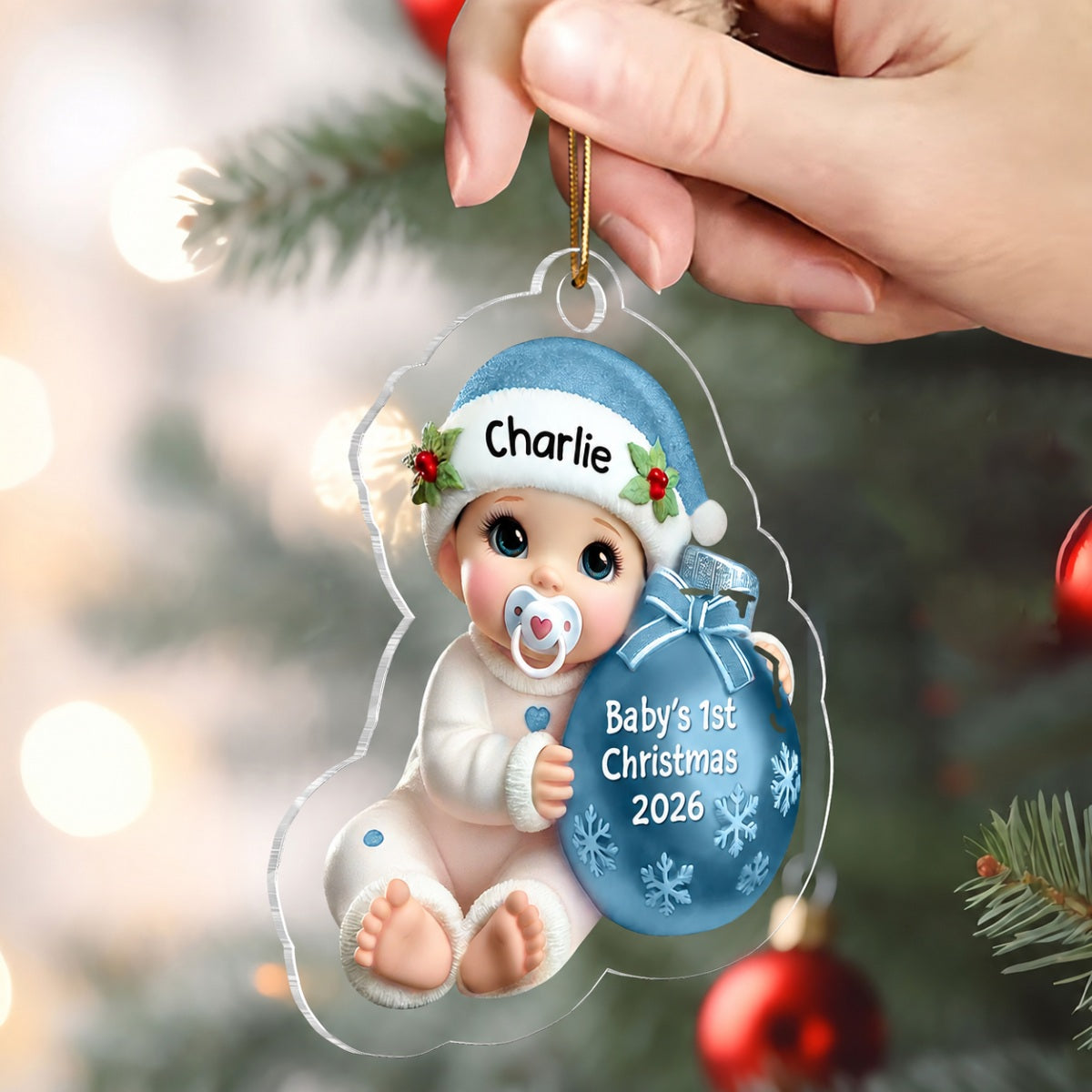 Baby Beside Christmas Bauble 3D Effect Baby's First Christmas Personalized Acrylic Flat Ornament