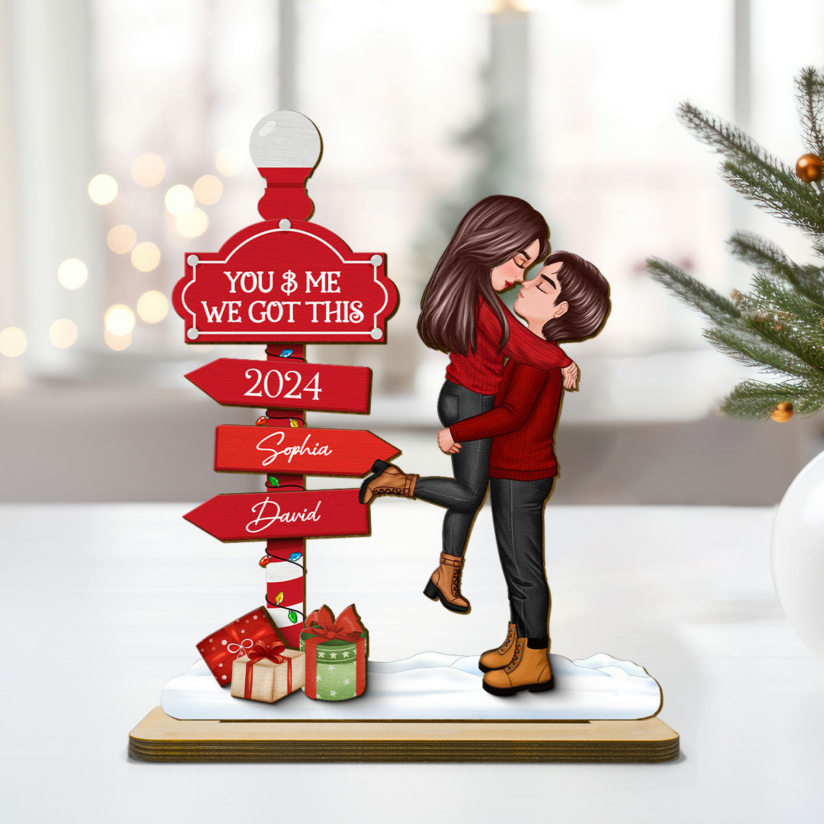 Christmas Couple Kissing Sign Personalized Standing Wooden Plaque