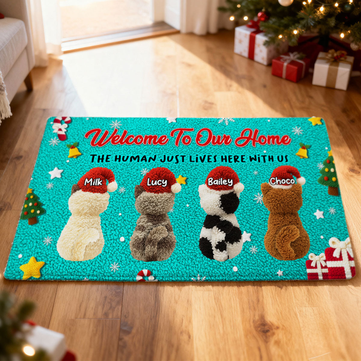Welcome to Our Home The Humans Just Live Here - Personalized Doormat - Funny Cats Latch Hook Yarn Faux - Christmas Decor for Pet Lovers