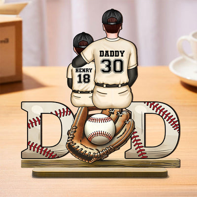 Baseball Softball Dad & Kids Glove Personalized 2-Layer Standing Wooden Plaque, Father's Day Gift for Dad, Gift for Husband
