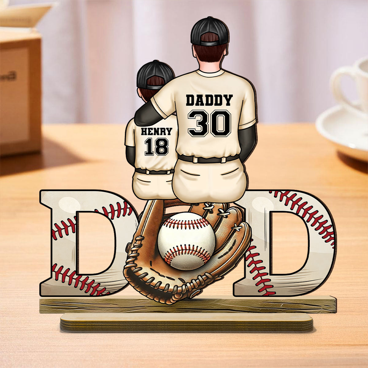 Baseball Softball Dad & Kids Glove Personalized 2-Layer Standing Wooden Plaque, Father's Day Gift for Dad, Gift for Husband