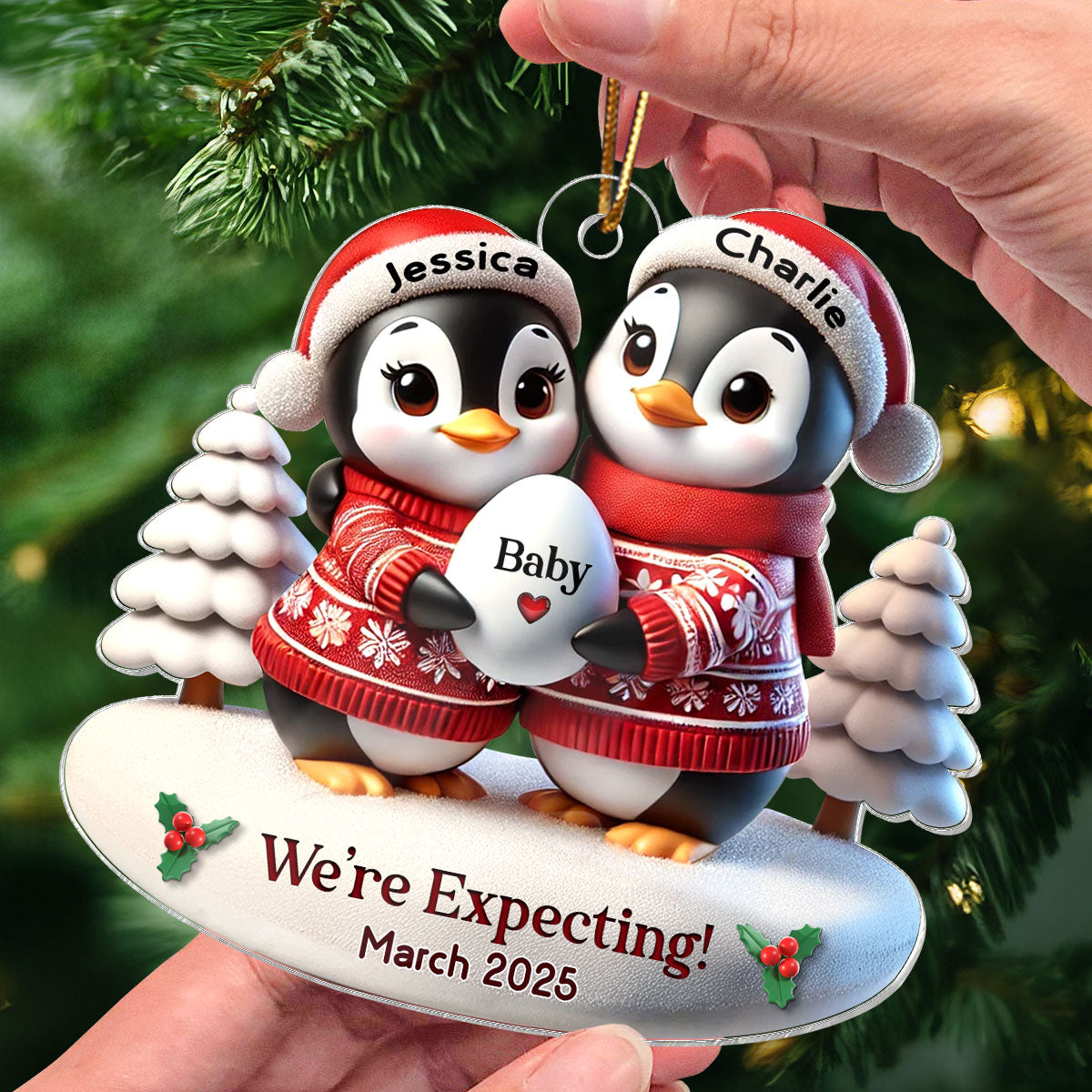 3D Effect Cute Penguin Couple Expecting Parents Pregnancy Announcement Keepsake Personalized Acrylic Ornament