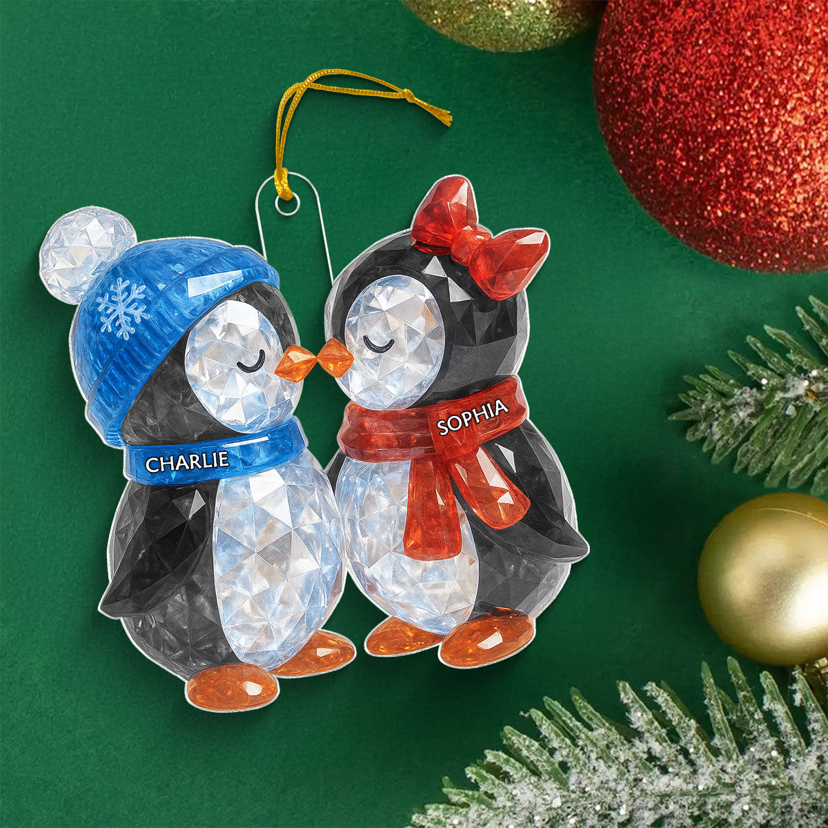 Christmas Penguins Couple 3D Crystal Effect Personalized Acrylic Ornament - Heartwarming Christmas Gift for Couple