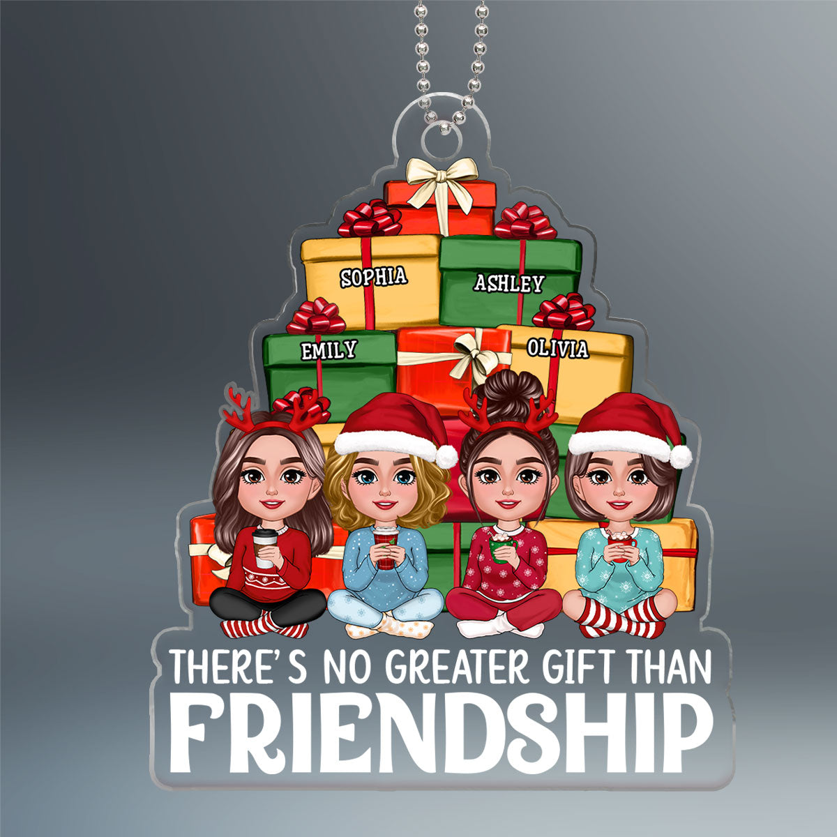 Besties Sisters Sitting Front Christmas Gift Pile Personalized Acrylic Ornament