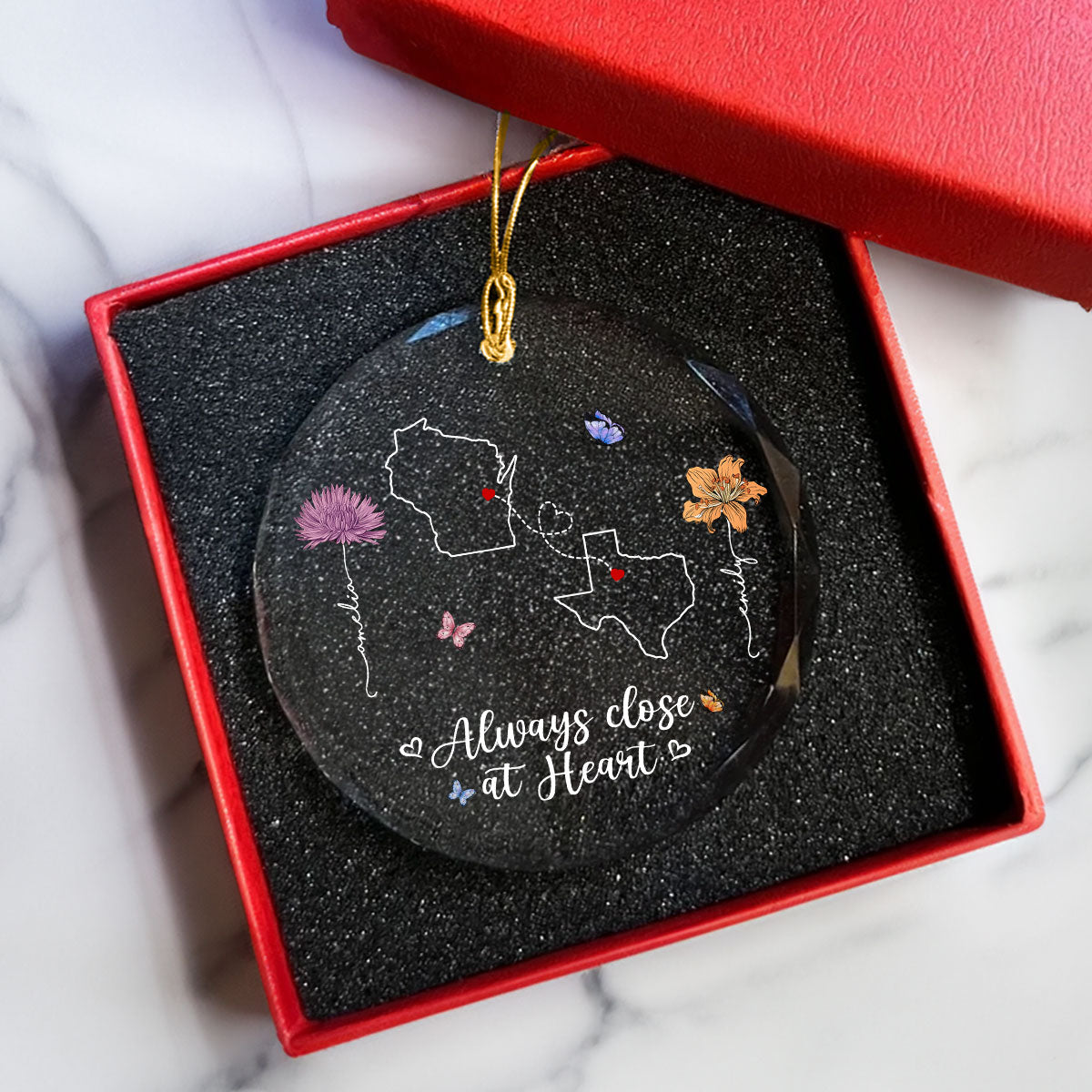 Birth Month Flowers Long Distance Besties Sisters Family Personalized Glass Ornament, Christmas Gift