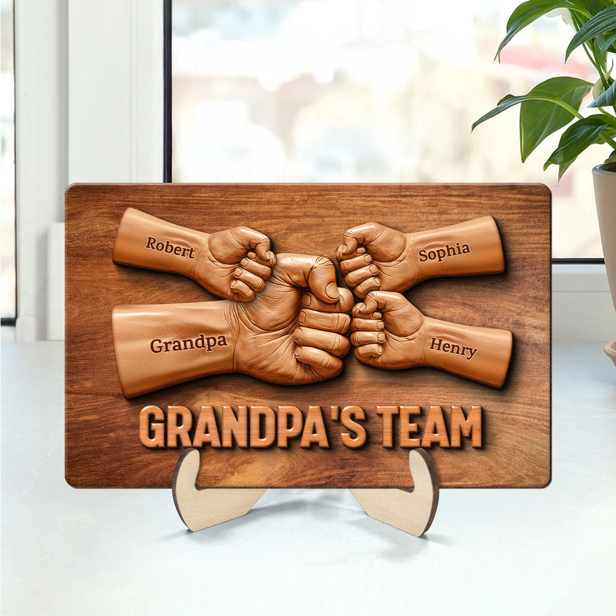 Daddy Team Fist Bump 3D Effect Wooden Sculpture Personalized 2-Layerd Wooden Plaque, Father's Day Gift