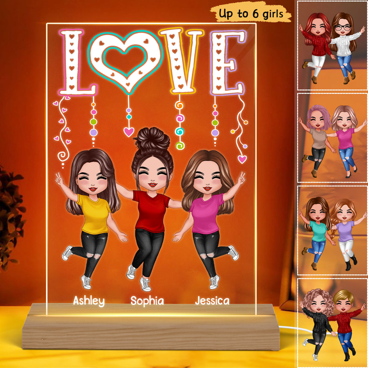 LOVE Happy Doll Besties Sisters Personalized Rectangle Acrylic Plaque LED Night Light