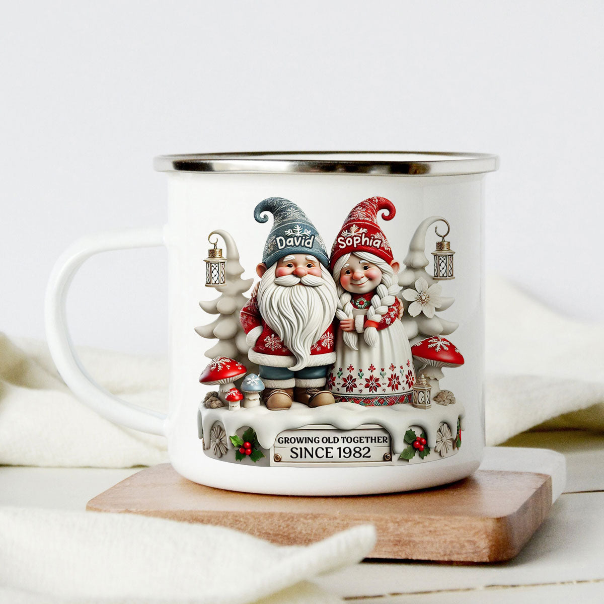 3D Effect Gnome Couple Together Christmas Personalized Campfire Mug, Heartfelt Gift For Couple, For Him, For Her, Husband, Wife