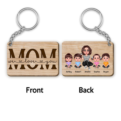 Best Mom Ever Doll Sitting Woman & Kids Dog Cat Personalized Wooden Keychain