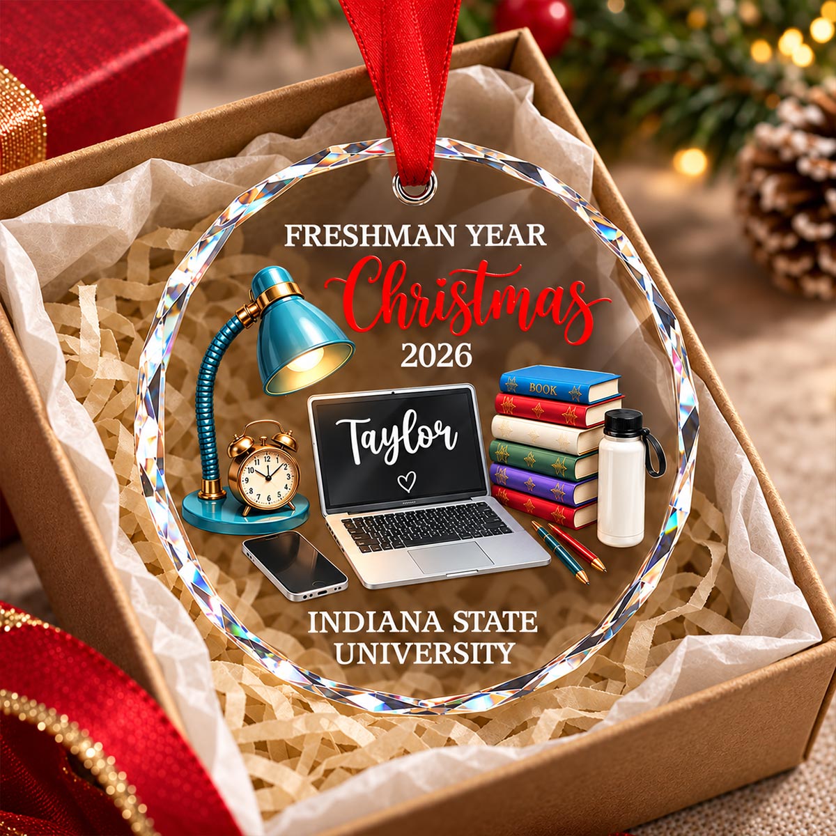 Freshman Year Christmas Study Desk – Personalized Glass Ornament – College Student Christmas Gift, First Year Keepsake