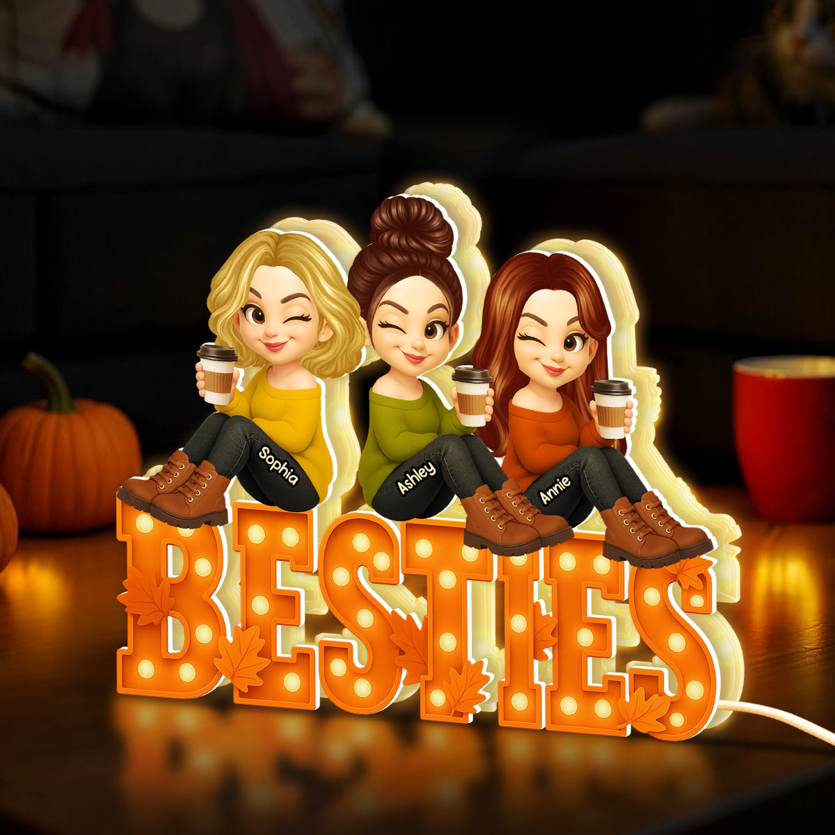 Fall Season Besties Sitting Marquee Pattern Texture Letters Personalized LED Light Box