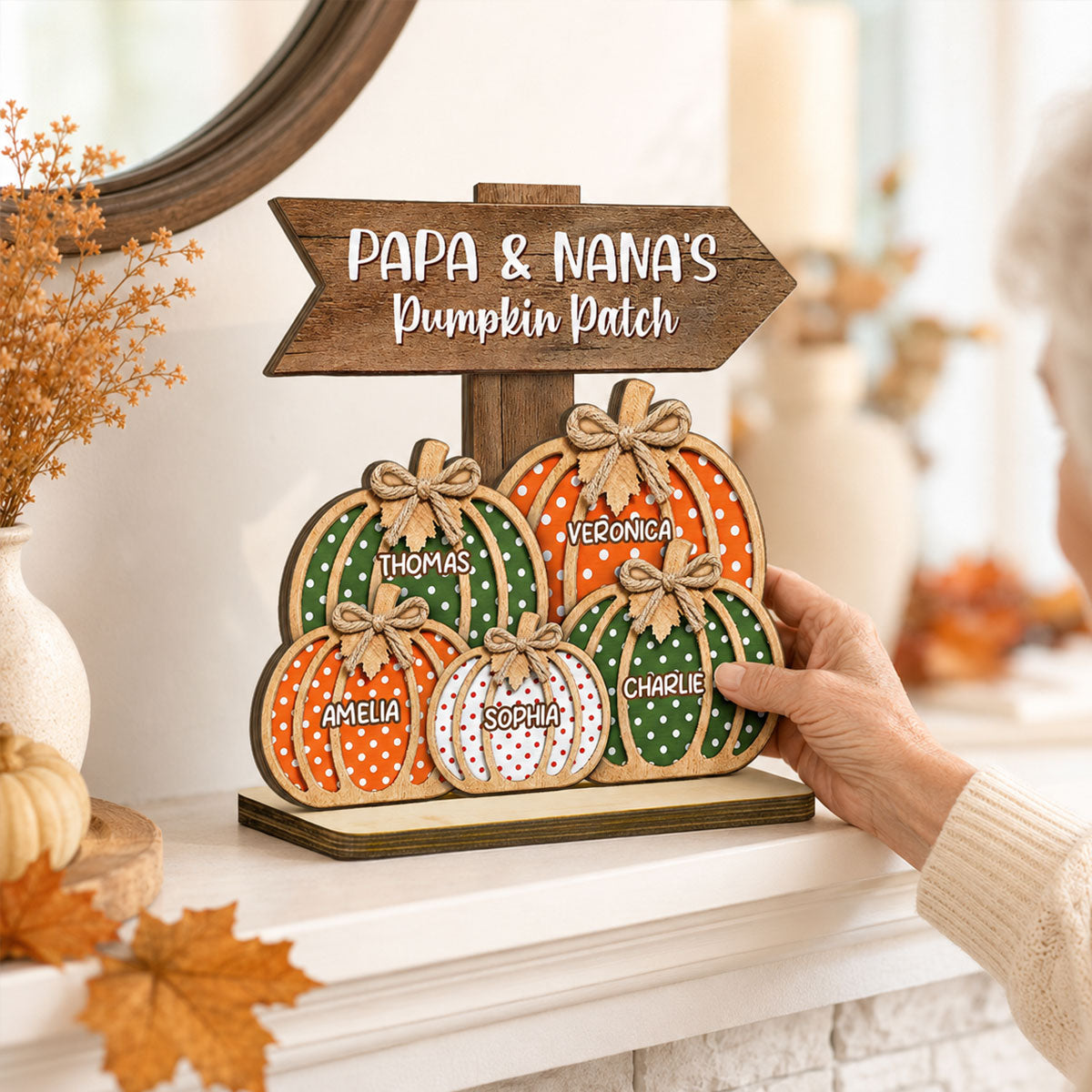 Fall Season Polka Dot Grandma's Pumpkin Patch - Personalized 2-Layered Wooden Plaque - Fall Decor For Grandma, Grandparents