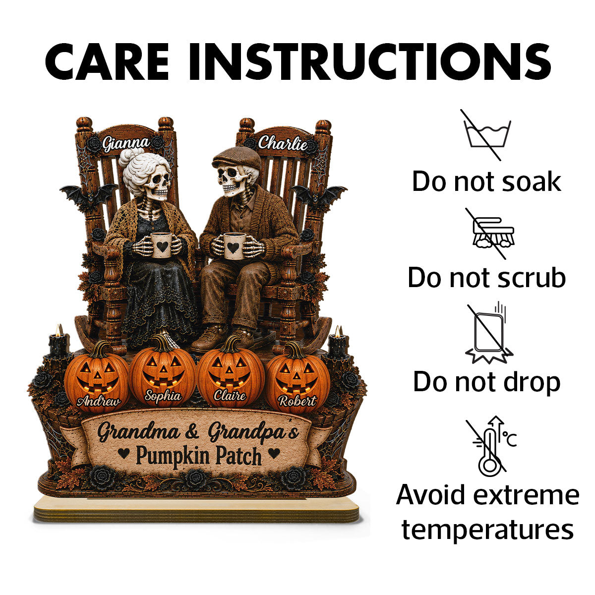Grandma Grandpa Skeleton Pumpkin Patch 2D Flat - Personalized Wooden Plaque - Halloween Gift