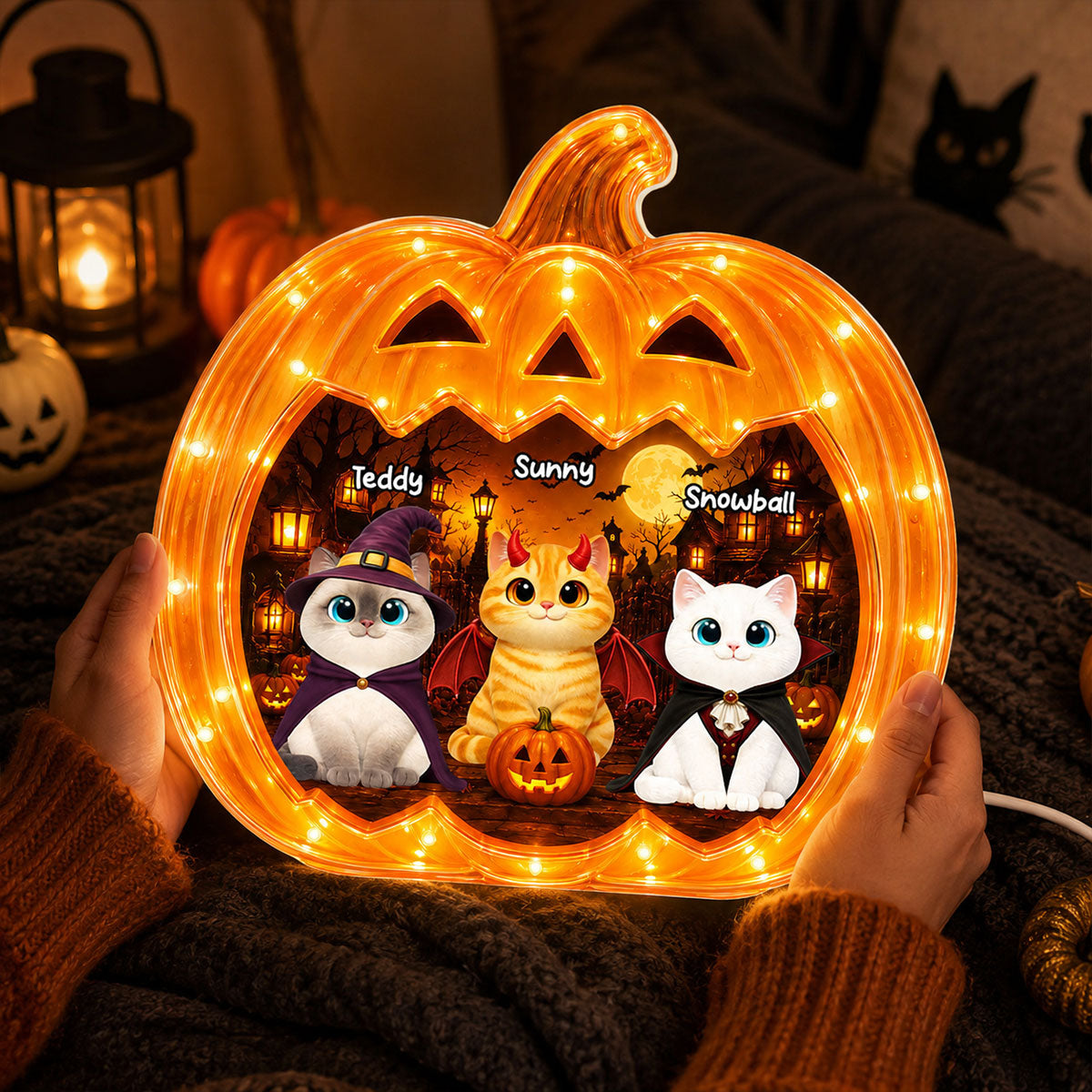 Spooky Halloween Pumpkin Cats - Personalized Light Box - Halloween Decor For Cat Lovers