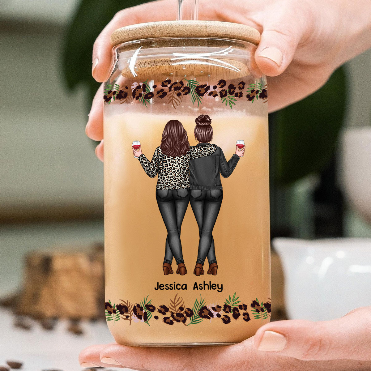 Leopard Back View Besties Personalized Clear Glass Can