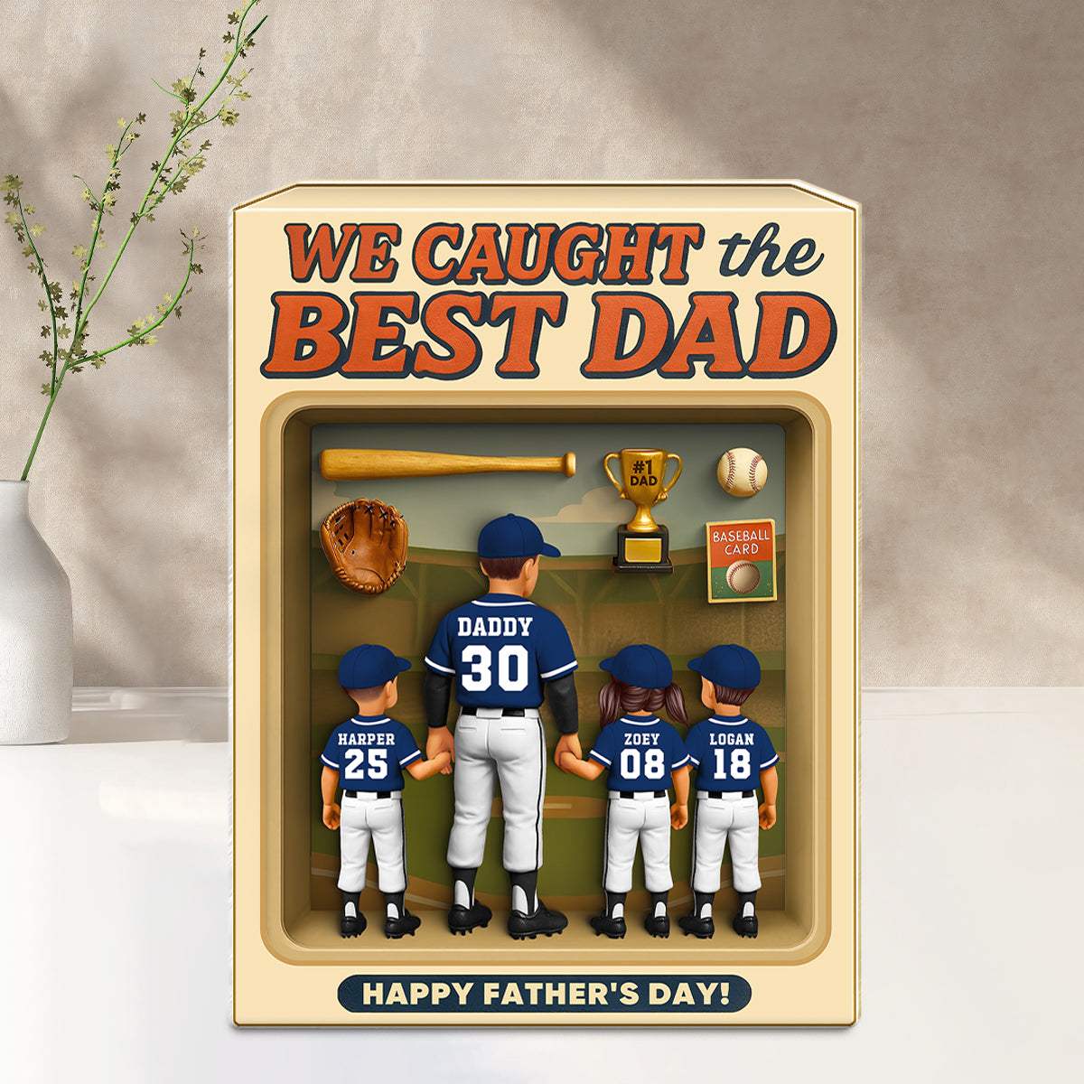 Baseball Dad And Kids, Custom Action Figure, Personalized Toy Box Acrylic Block, Father's Day gift
