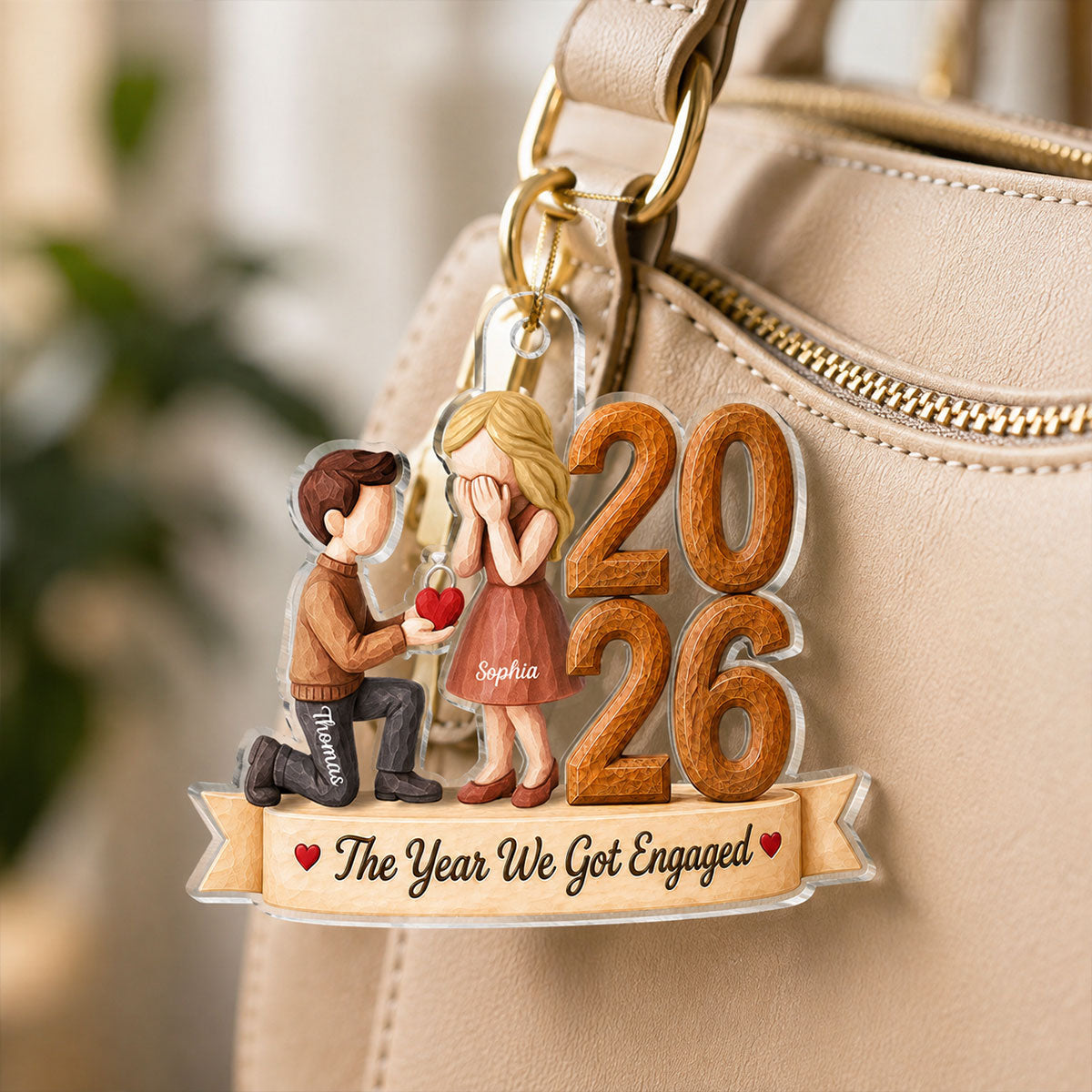 The Year We Got Engaged 2026 Proposal Couple 2D Wooden Effect – Personalized Acrylic Ornament – Engagement Keepsake