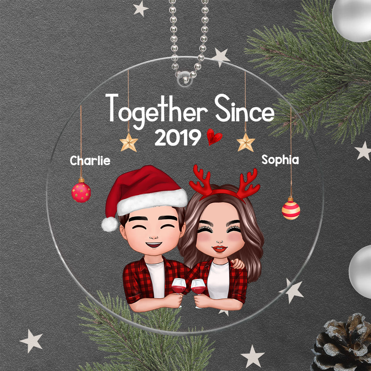 Christmas Doll Couple Hugging Holding Drinks Personalized Acrylic Ornament