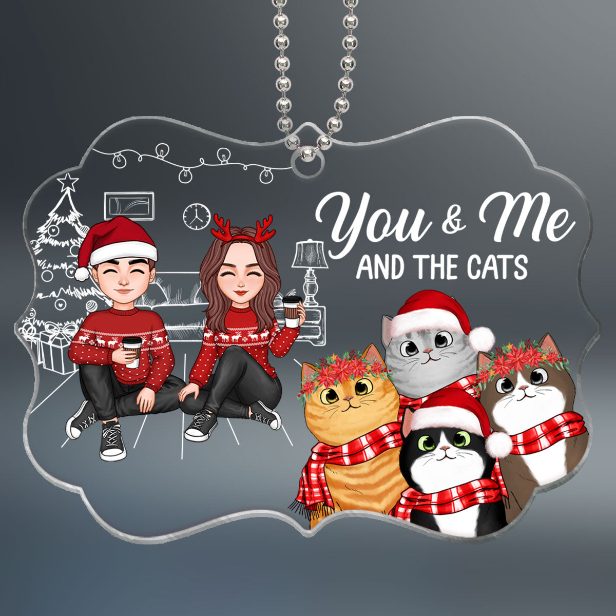 You Me & The Cats Cute Doll Couple Sitting Peeking Cat Personalized Acrylic Ornament