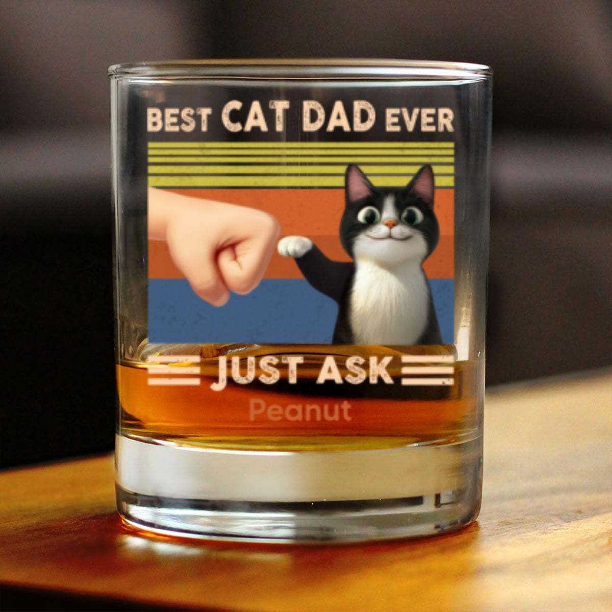 Best Cat Dad Cute Cartoon Cats Personalized Whiskey Glass, Father's Day Gift for Cat Dads