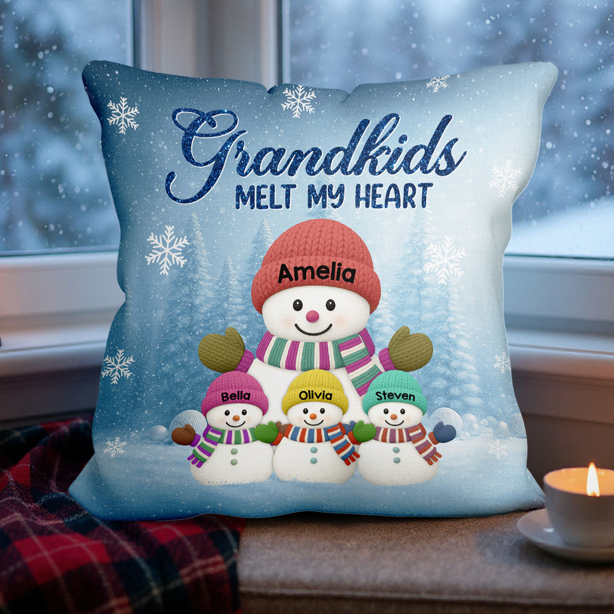 Christmas Snowman My Grandkids Melt My Heart - Personalized Pillow - Gift For Grandmas